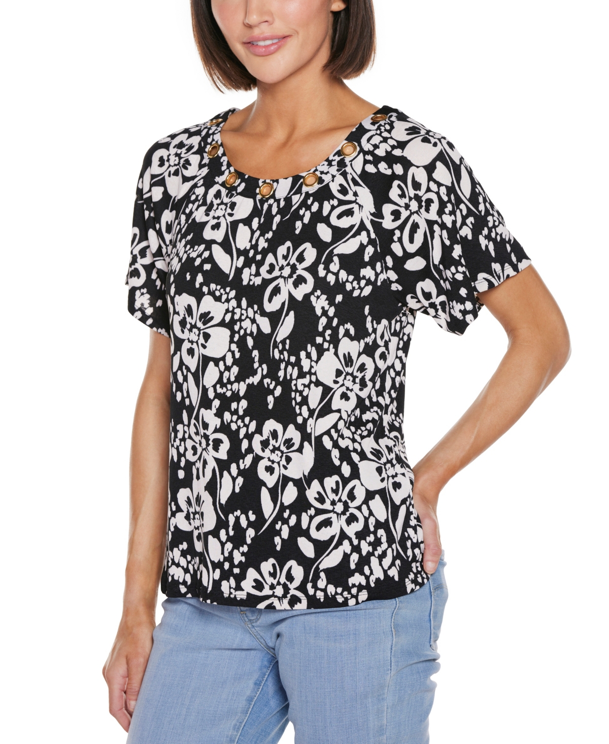 BELLDINI WOMEN'S GROMMET DETAIL FLORAL SHORT SLEEVE KNIT TOP 