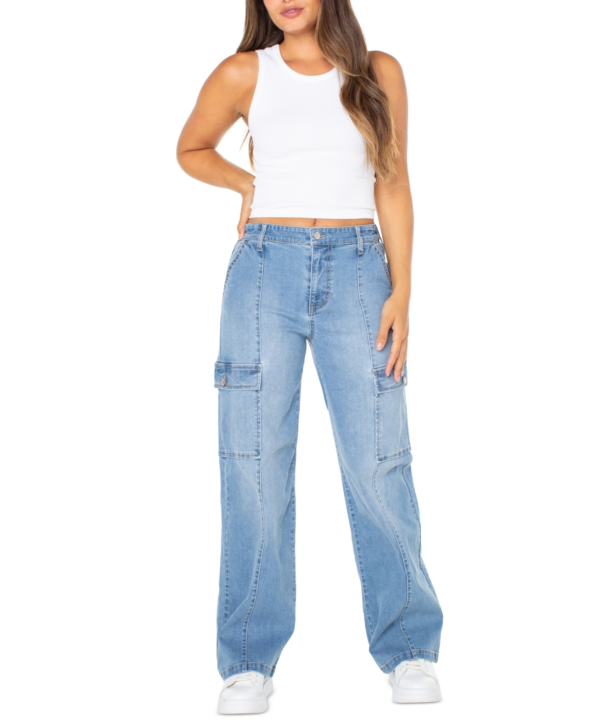 Juniors' High Rise Wide Leg Cargo Jeans - Mega Media