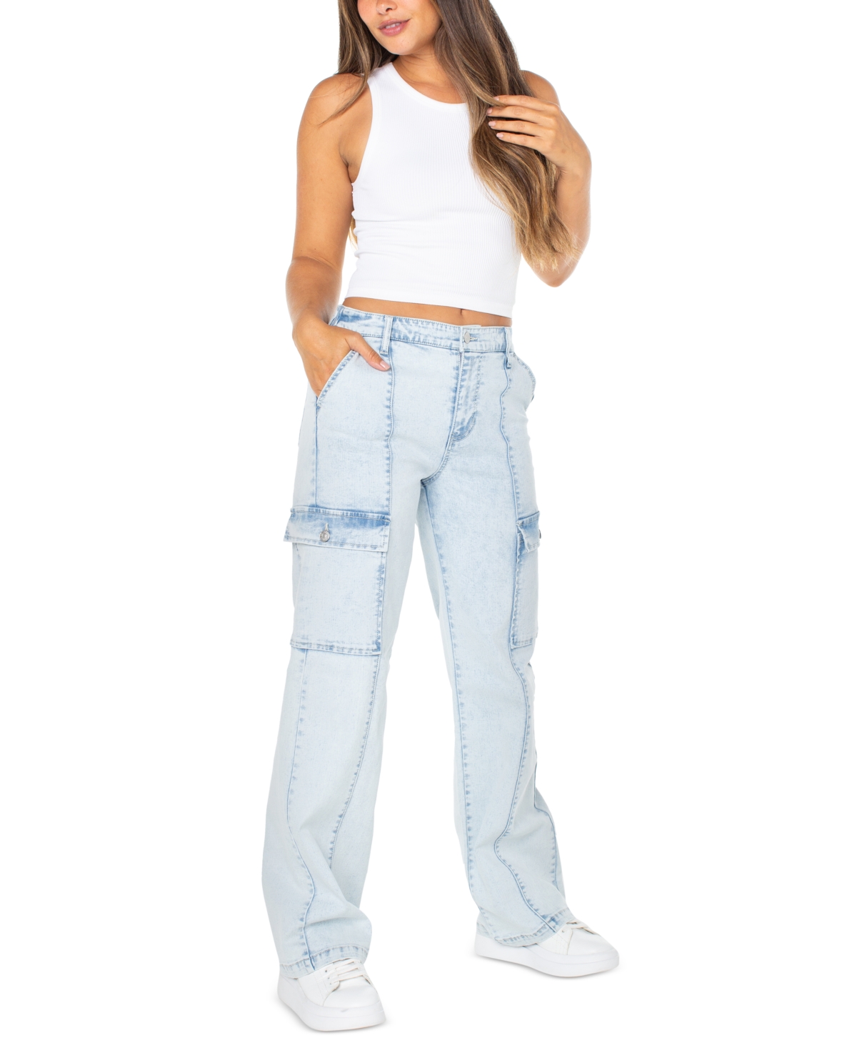 Juniors' High Rise Wide Leg Cargo Jeans - Mega Media