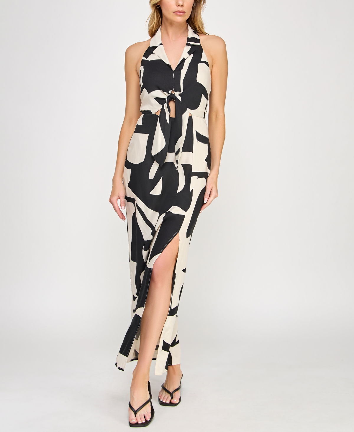 Juniors' Print Notch-Collar Halter Dress - Black/ivory