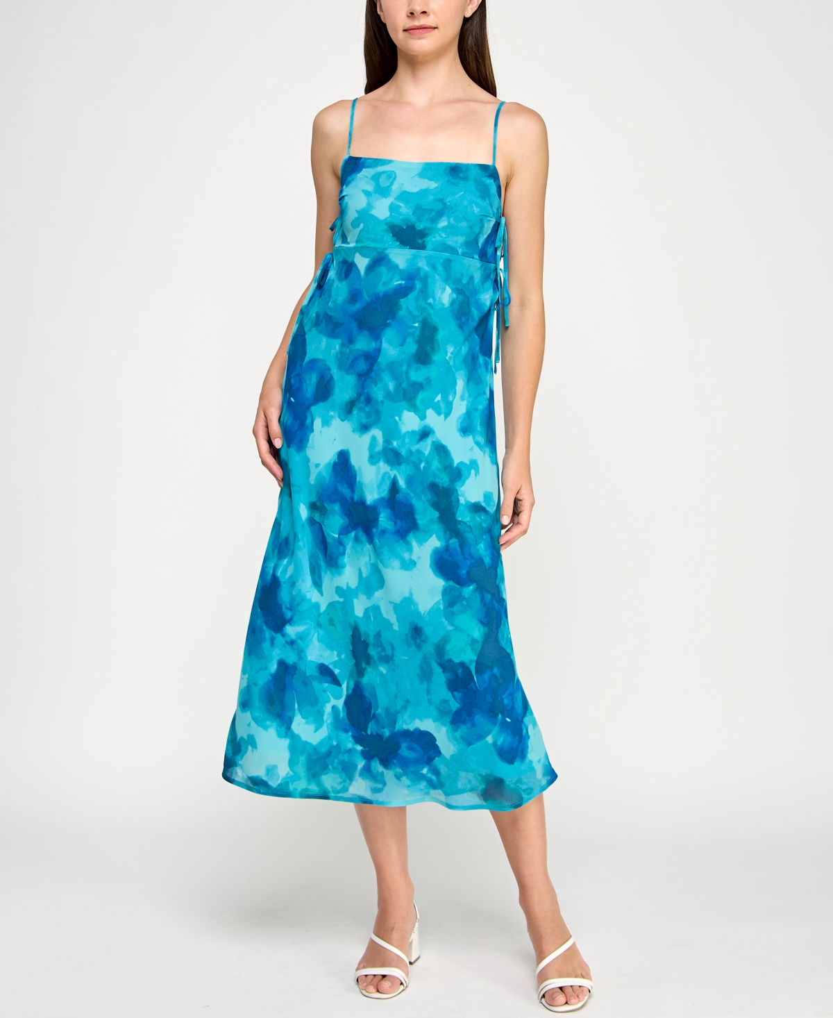 Juniors' Printed Chiffon Slip Midi Dress - Turq/aqua