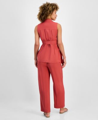 Anne Klein Womens Sleeveless Tie Waist Patch Pocket Jacket Pull On Wide Leg Ankle Pants In Red