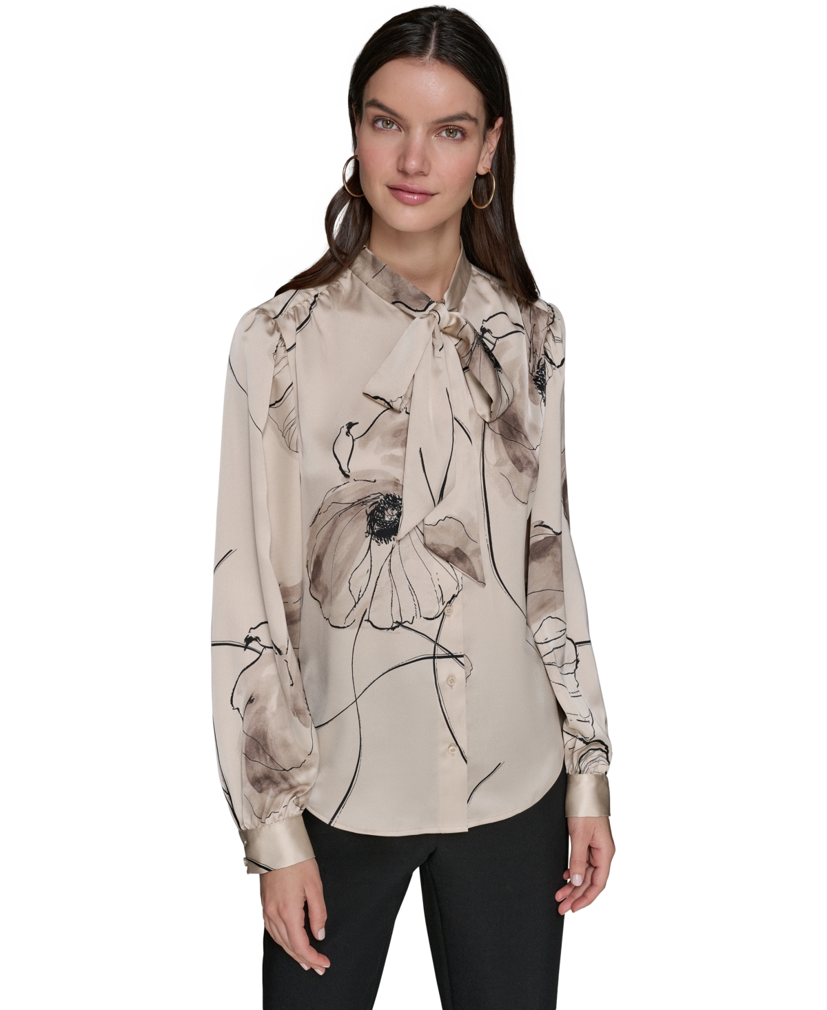 Women's Printed Satin Tie-Neck Blouse - Oyster Multi