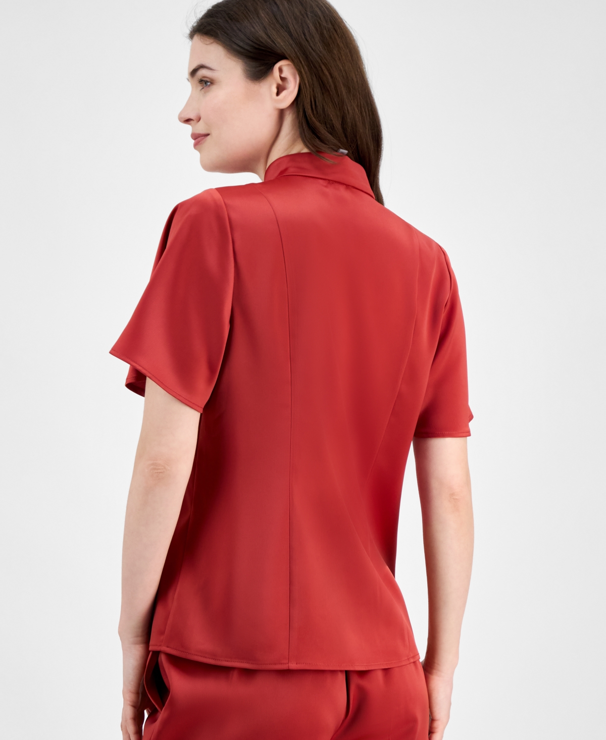 Anne Klein High Neck Short Sleeve Button-up Shirt In Red