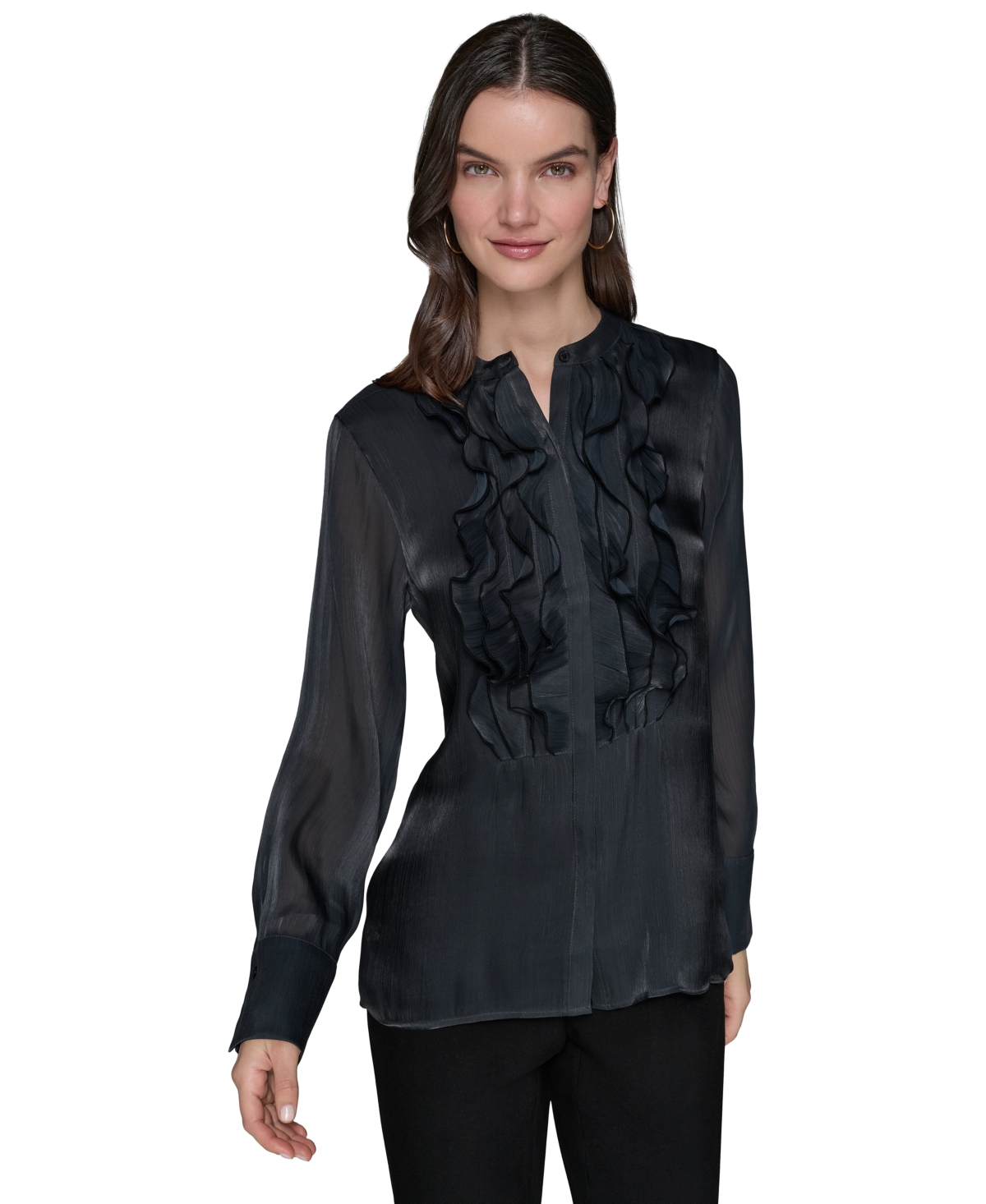 Ruffled-Front Organza Blouse - Black