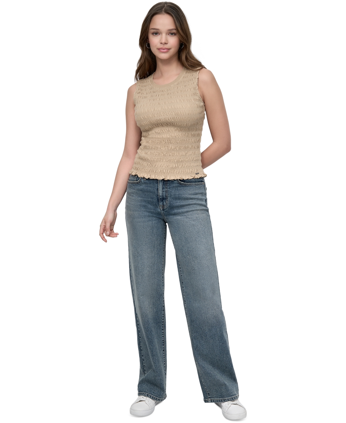 Dkny Jeans Women's Crewneck Smocked Sleeveless Top In Brown