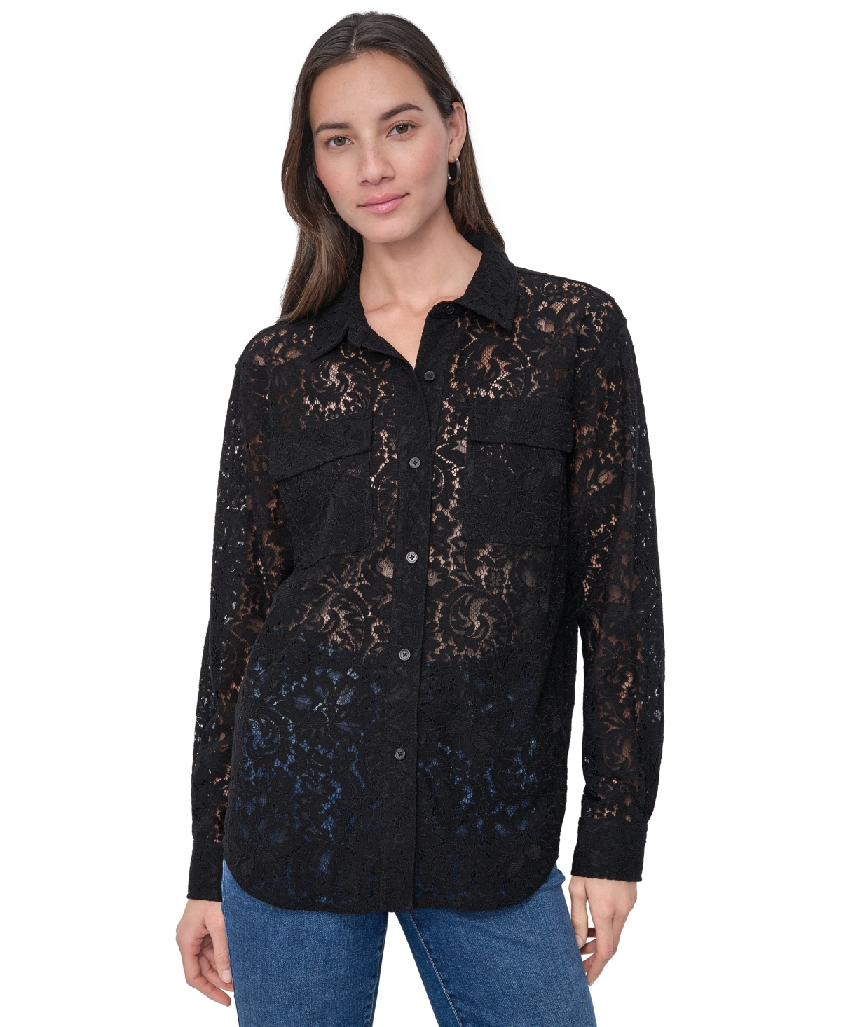 DKNY JEANS WOMEN'S LONG SLEEVE BUTTON FRONT LACE SHIRT 