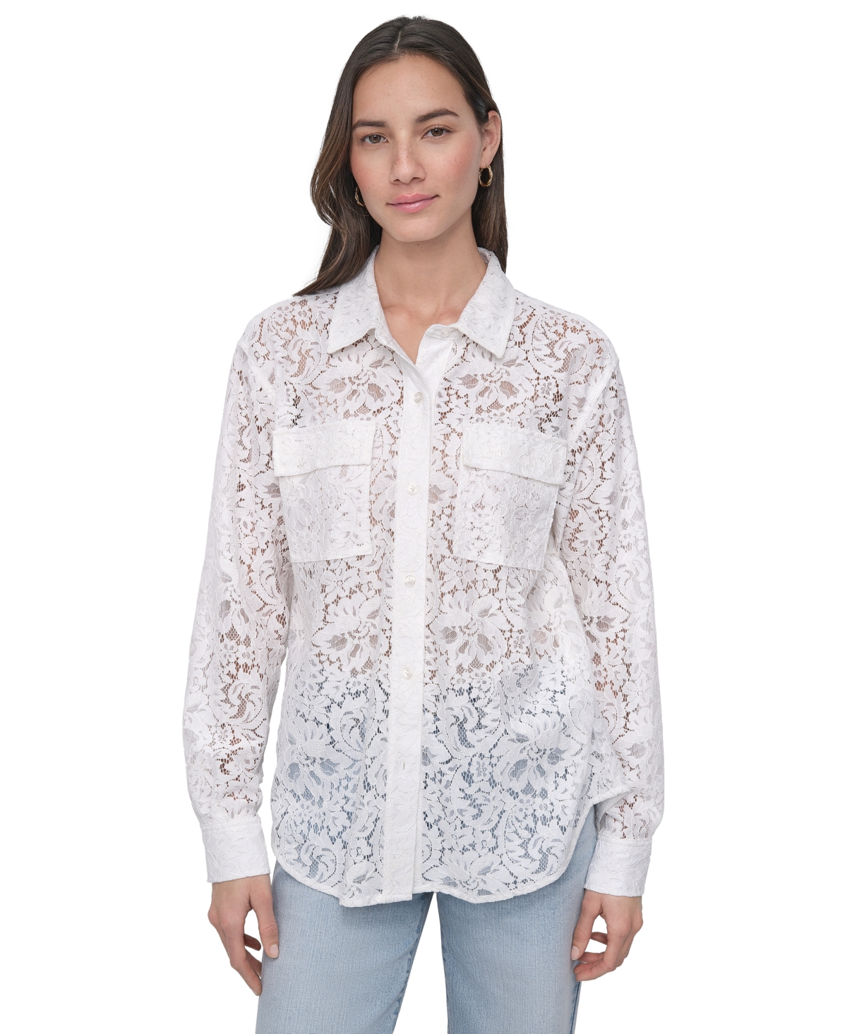 DKNY JEANS WOMEN'S LONG SLEEVE BUTTON FRONT LACE SHIRT 