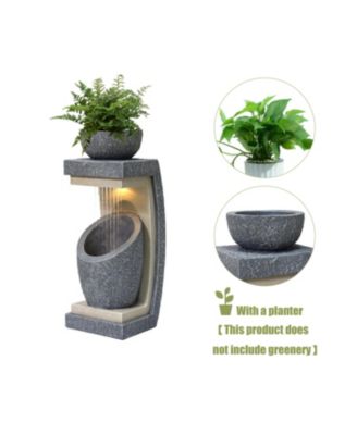Gray Resin Column and Bowl Sculpture Outdoor Fountain with Lights