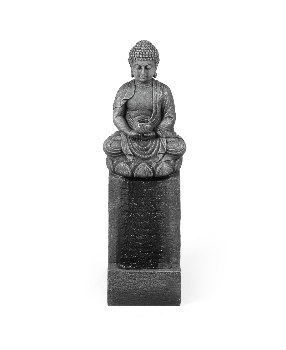 Resin Meditating Buddha on Column Lighted Outdoor Fountain - Gray