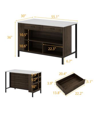 Kitchen island with 2 drawers, iron feet, island storage table with dining table, coffee station and microwave rack for home, dining room, marble and wood grain, wooden