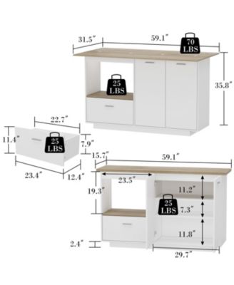 kitchen island with 2 doors, 1 drawer, dining table, coffee station & microwave rack—white wooden design for home or dining room.