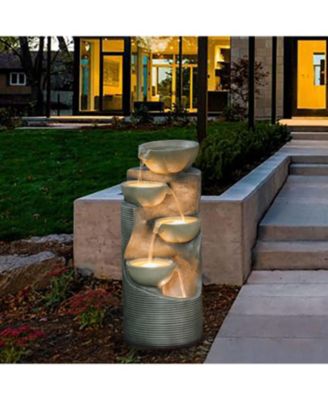 Modern Gray Resin Tiered Bowls Outdoor Fountain with Lights