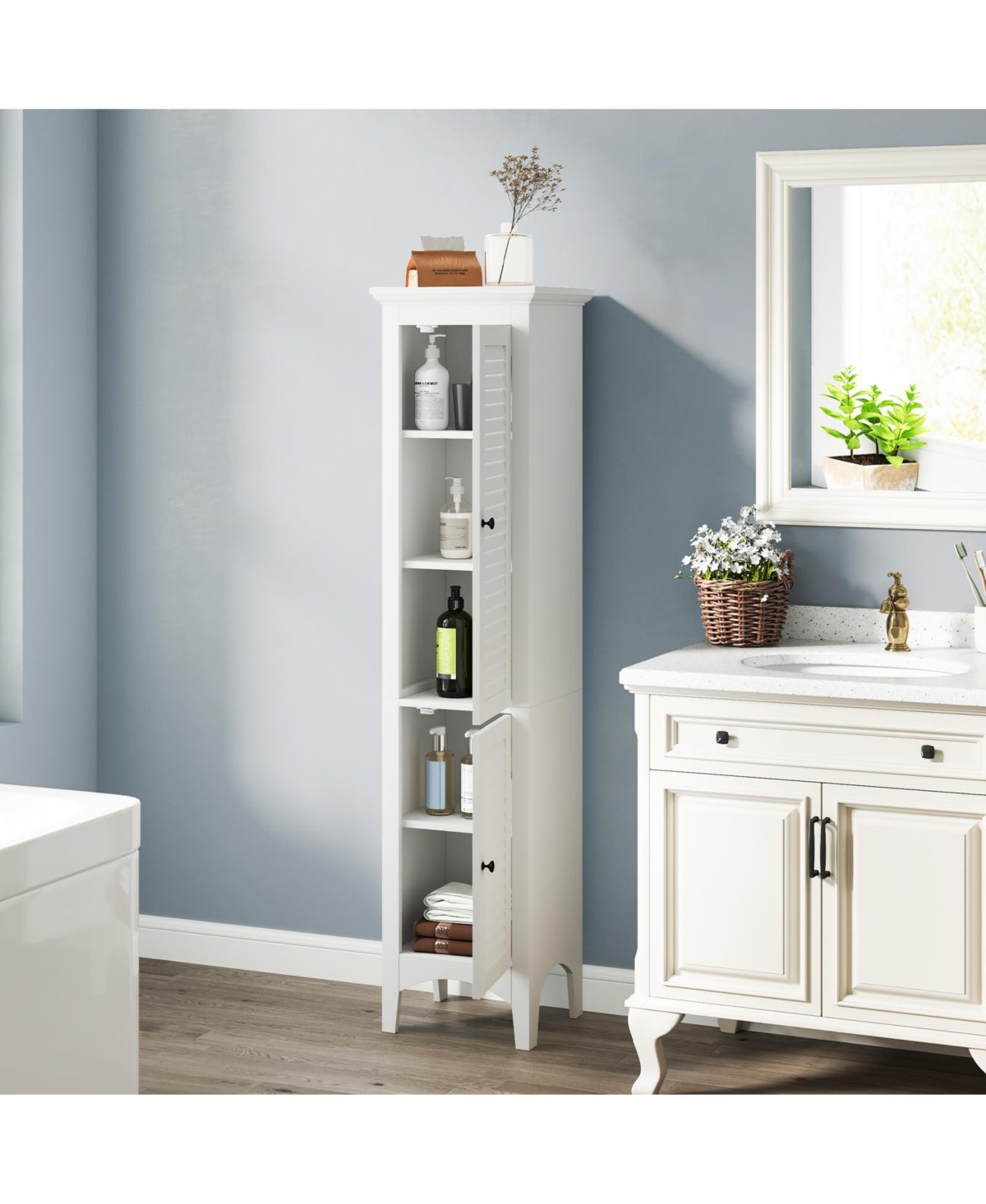 Tall Bathroom Floor Cabinet with Shutter Doors and Adjustable Shelf