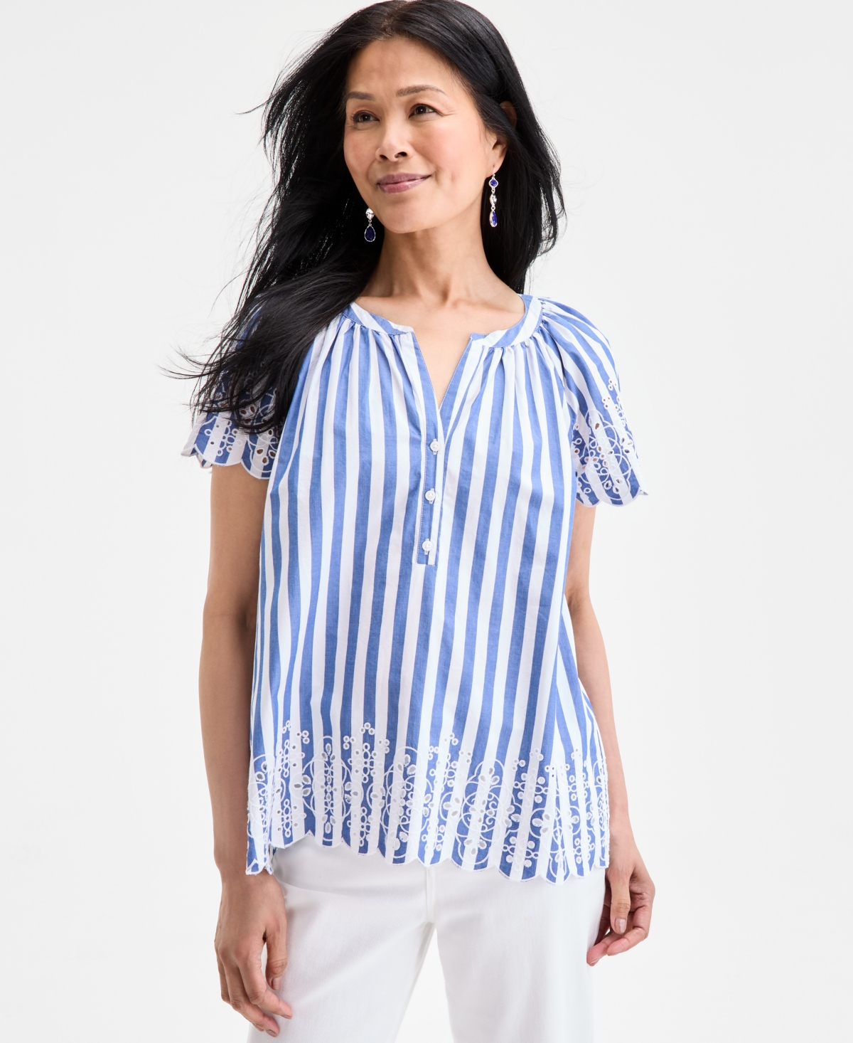 Women's Cotton Eyelet Flutter-Sleeve Top, Exclusively at Macy's - Bold Stripe Blue