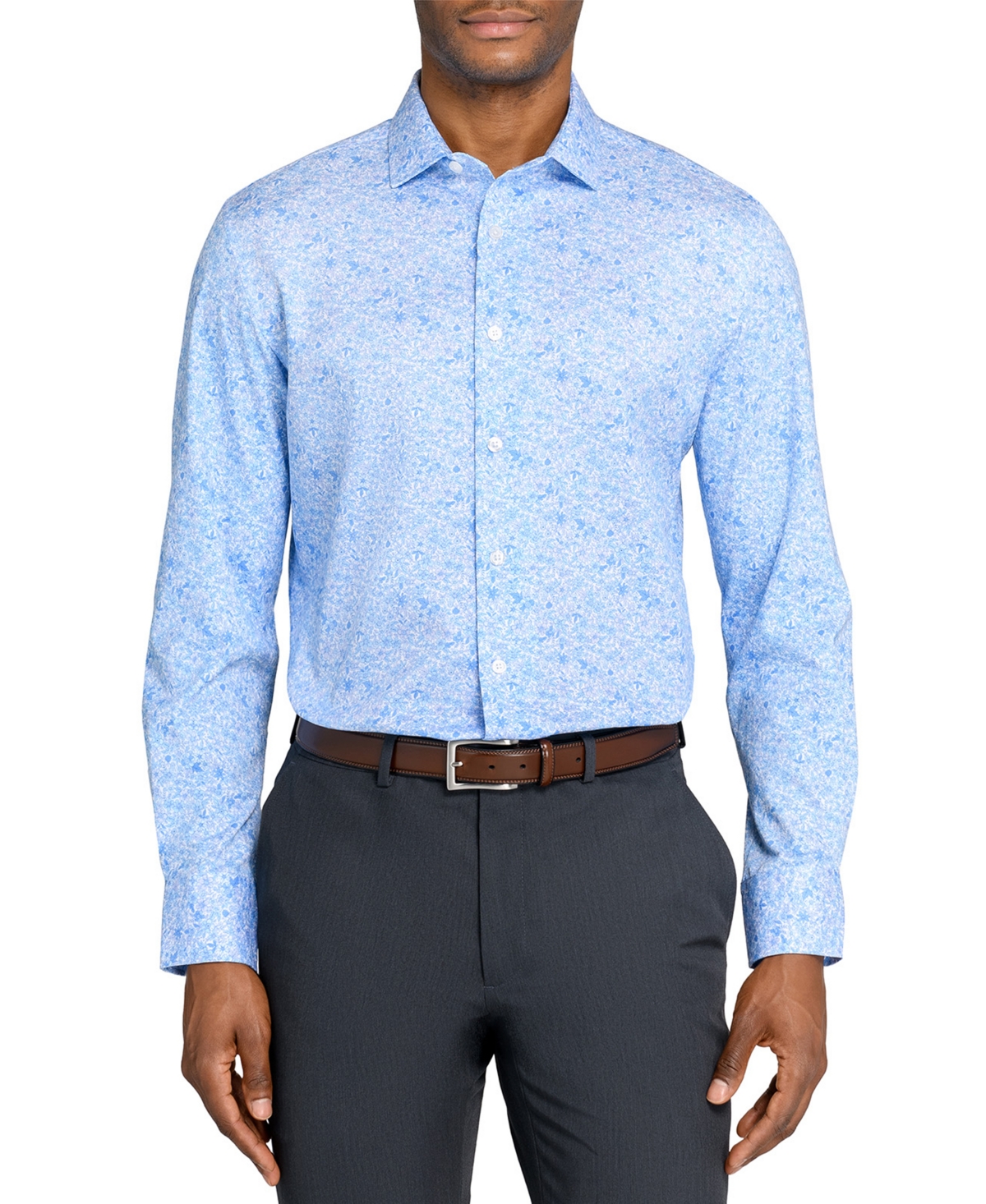 Men's Floral Print Hybrid Slim Fit Easy Care Long Sleeve Shirt - Blue Pink