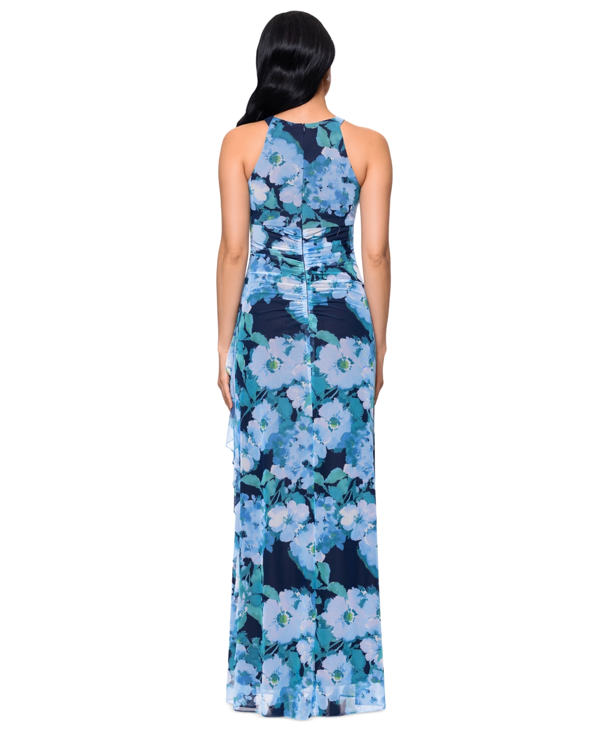 BETSY & ADAM BETSY & ADAM WOMEN'S PRINTED MESH HALTER-NECK SLEEVELESS GOWN 