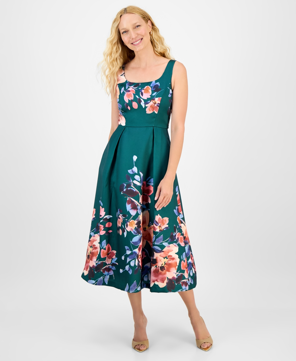 Women's Printed Square-Neck Sleeveless Dress - Green Mult