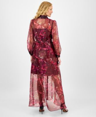 Women's Printed Button-Front Long-Sleeve Gown