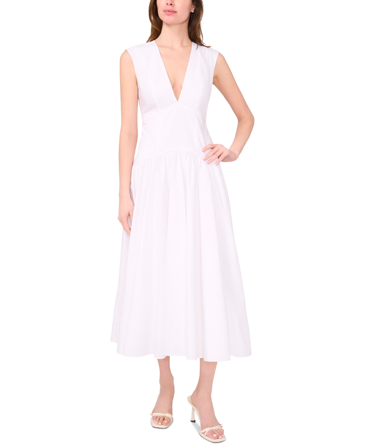 The Abria Cotton Plunging-Neck Drop-Waist Midi Dress - White