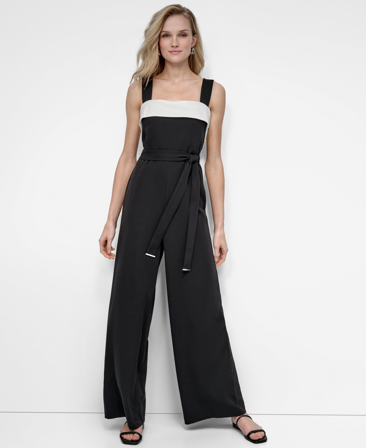Women's Belted Buckle-Strap Jumpsuit - Ivory/Black