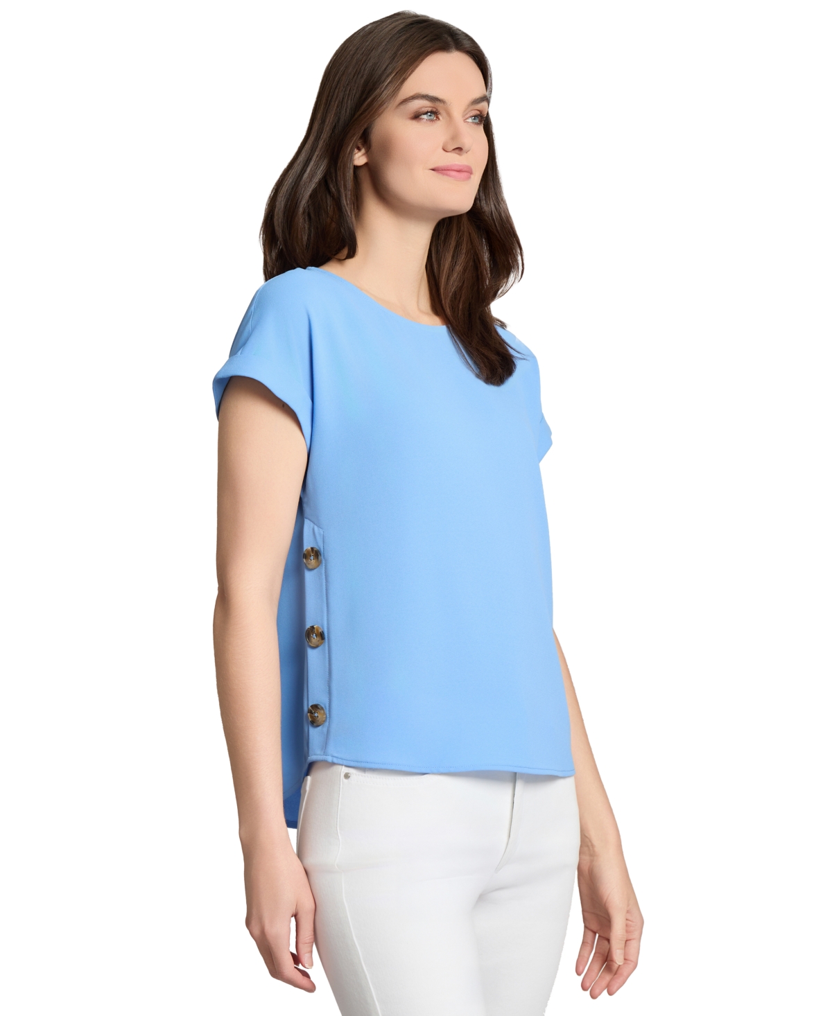 Jones New York Petite Round-neck Side-button Short-sleeve Top In Blue