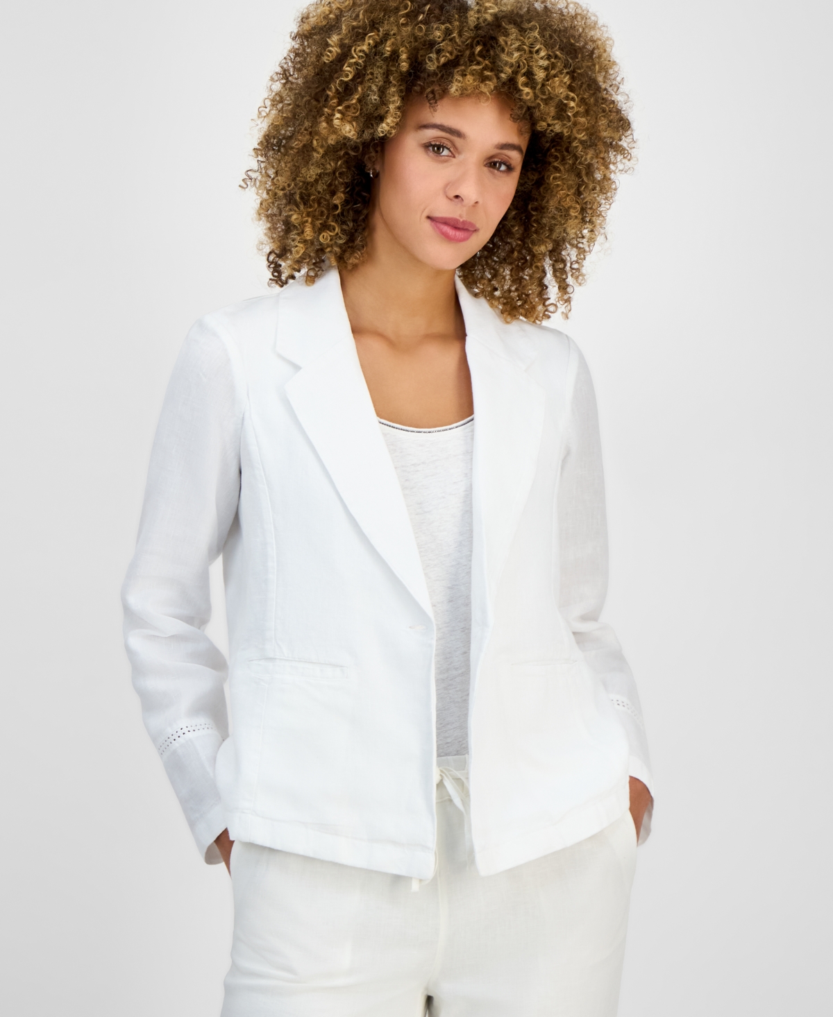 Women's 100% Linen Crochet Trim Blazer, Exclusively at Macy's - Bright White
