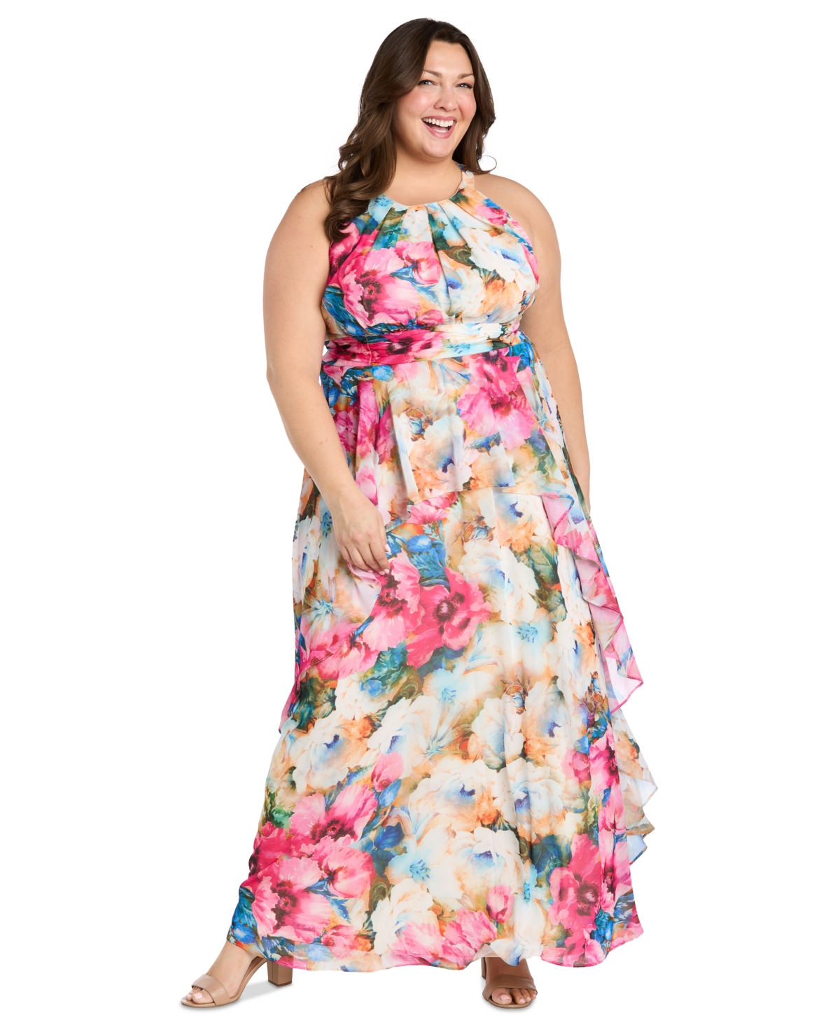 Plus Size Printed Halter-Neck Sleeveless Gown - Fuchsia