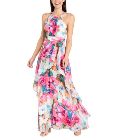 Petite Floral Halter Ruched-Waist Gown - Fuchsia