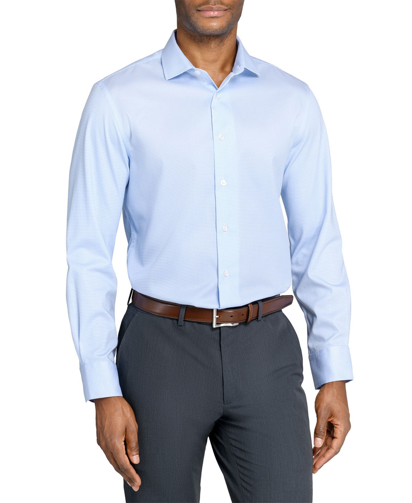 Мужская рубашка MICHELSONS OF LONDON Houndstooth Hybrid Slim Fit Easy Care Long Sleeve, цвет: Белый синий — фото 1