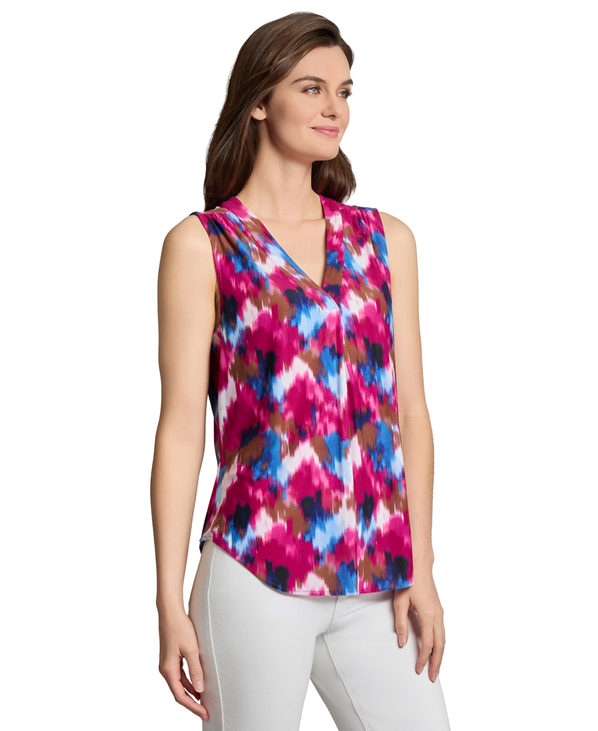 Jones New York Petite V Neck Pleat Front Shell Top