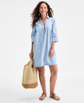 Style & Co Petite Cotton 3/4-Sleeve Popover Denim Dress