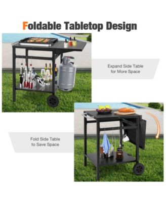 Movable Outdoor Grill Cart with Folding Tabletop and Hooks
