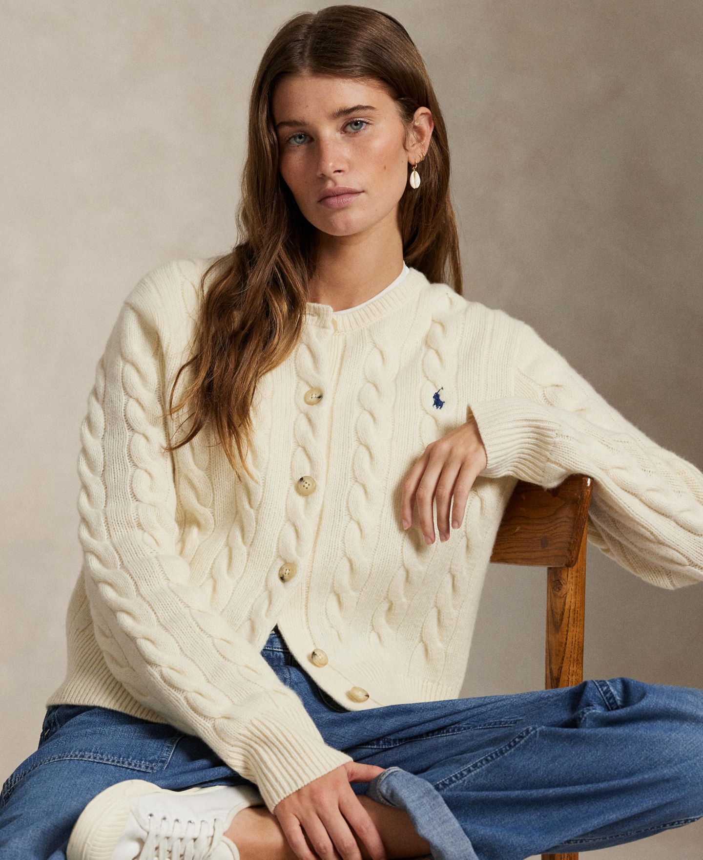 Женский кардиган Polo Ralph Lauren Cable-Knit Wool-Cashmere Cardigan, цвет: Кремовый — фото 3