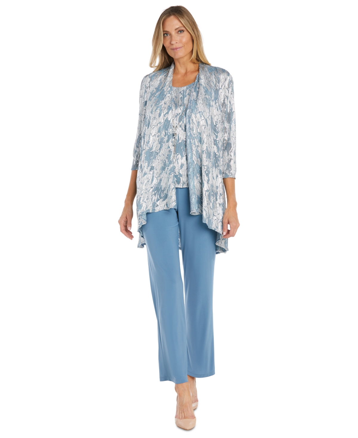 R & M Richards Women's 3-Pc. Metallic Jacquard Jacket, Tank Top & Pant Set - Ocean Silver