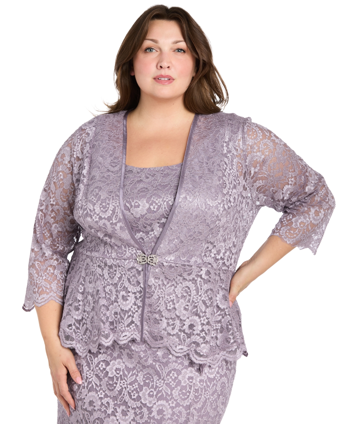 R & M Richards Plus Size Metallic Lace Jacket And Dress In Purple