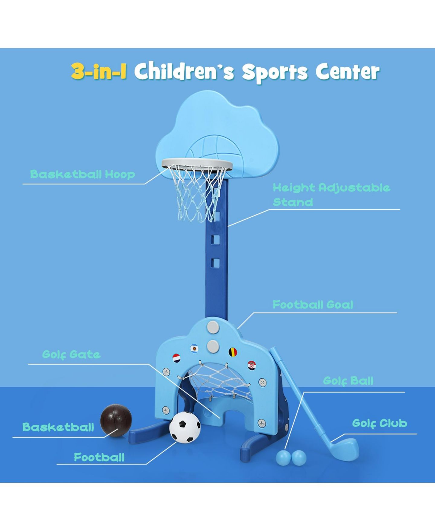 Детские игрушки Mecale 3-in-1 Adjustable Basketball Hoop Set, Ages 2-7, цвет: Синий — фото 8