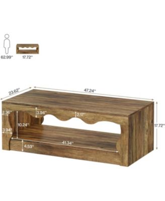 47.24-Inch Farmhouse Coffee Tables, 2-Tier Wooden Rectangular Accent Center Low Cocktail Tea Table with Open Storage Shelf, Rustic Brown