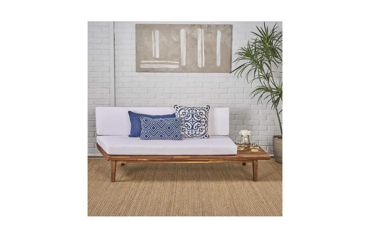 Indoor Minimalist Acacia Wood Right-Sided Sofa with White Cushions, Sandblast Finish