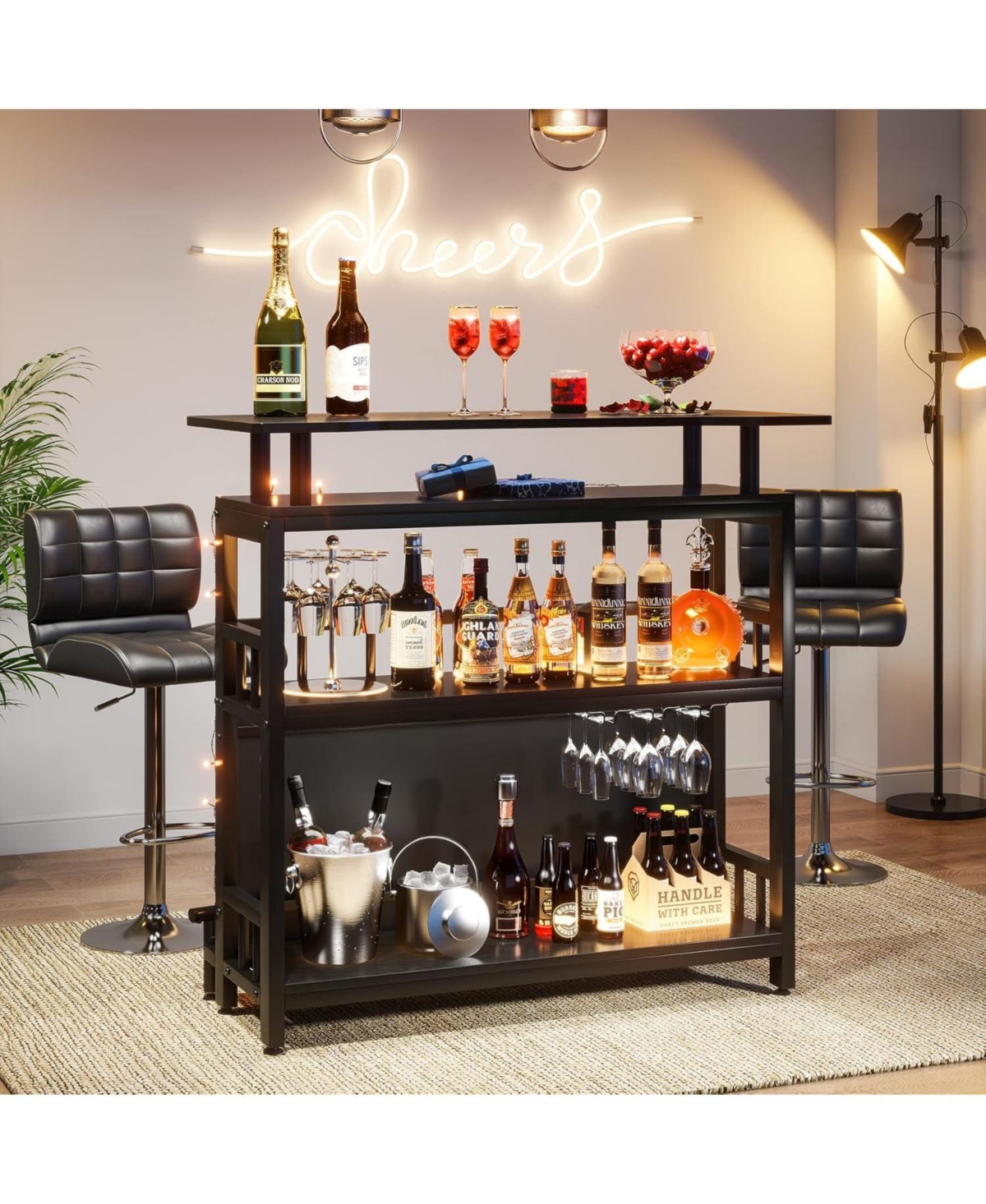 Tribesigns Home Bar Unit for Liquor, 44-Inch Bar Height Table with Storage, Black Entertainment Pub Table for Kitchen, Balcony, Basement