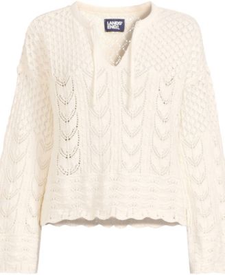Women's Cotton Boucle Pointelle Notch Neck Sweater