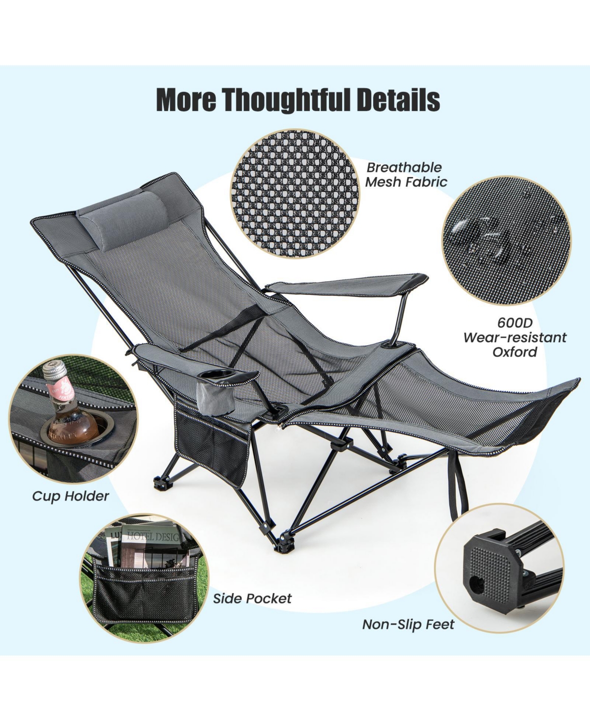 Camping Lounge Chair with Detachable Footrest Adjustable Backrest