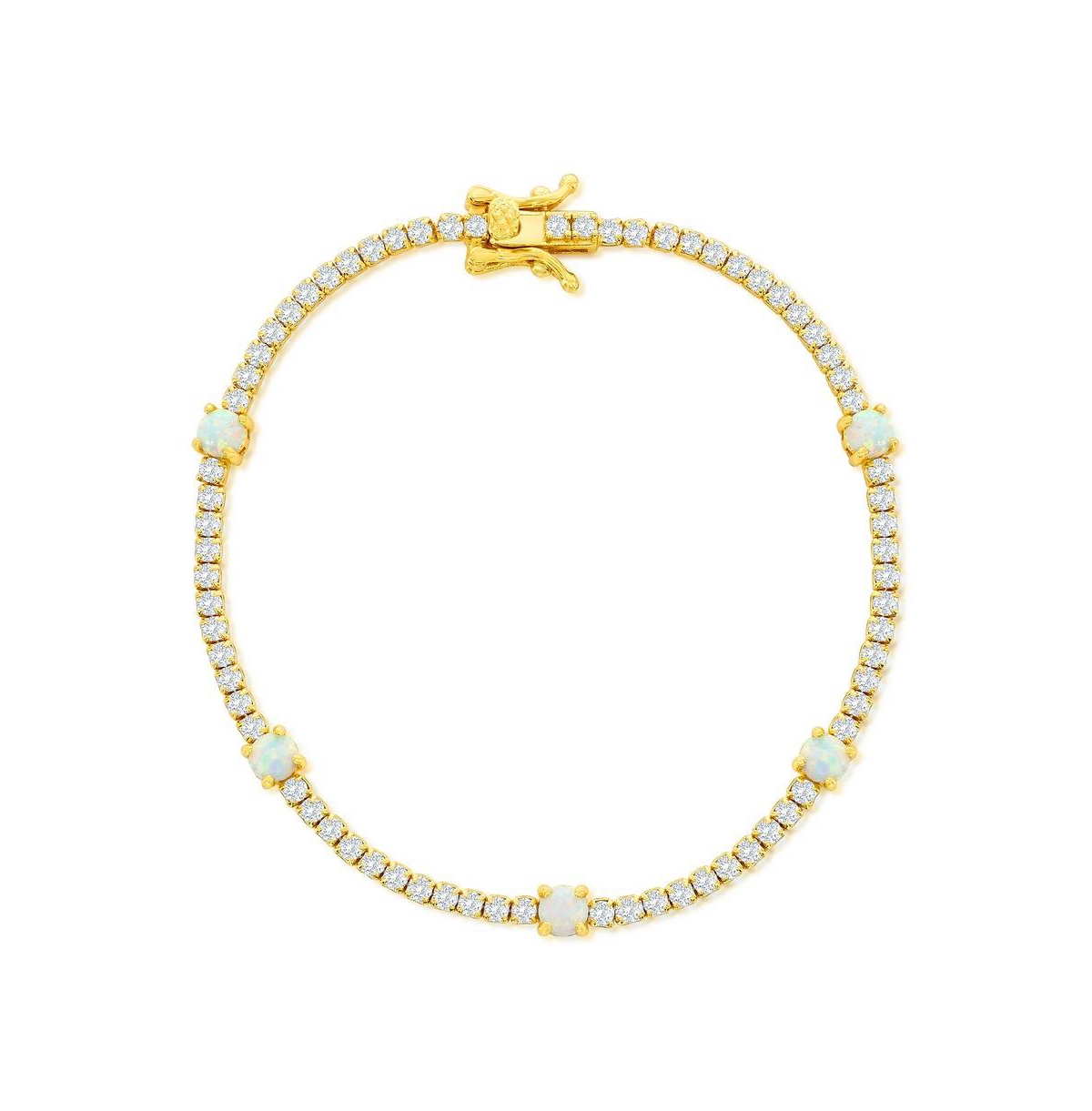 Sterling Silver, Round White Synthetic Opal & Cz Tennis Bracelet - Gold Plated - White