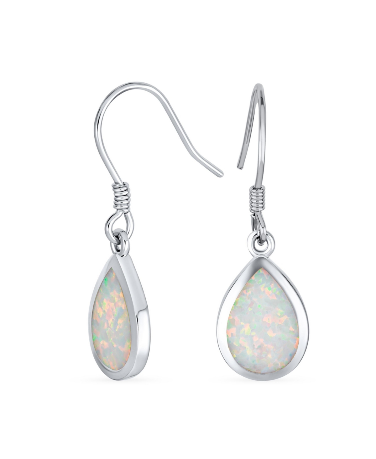 Small Teardrop Iridescent White Created Opal Drop Dangle Earrings .925 Sterling Silver French Wire - White