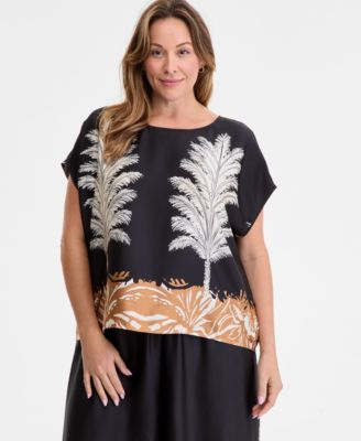 Vince Camuto June Hero Look Plus Size Placed Print Boat Neck Caftan Blouse Printed Pull On Wide Leg Pants In Black