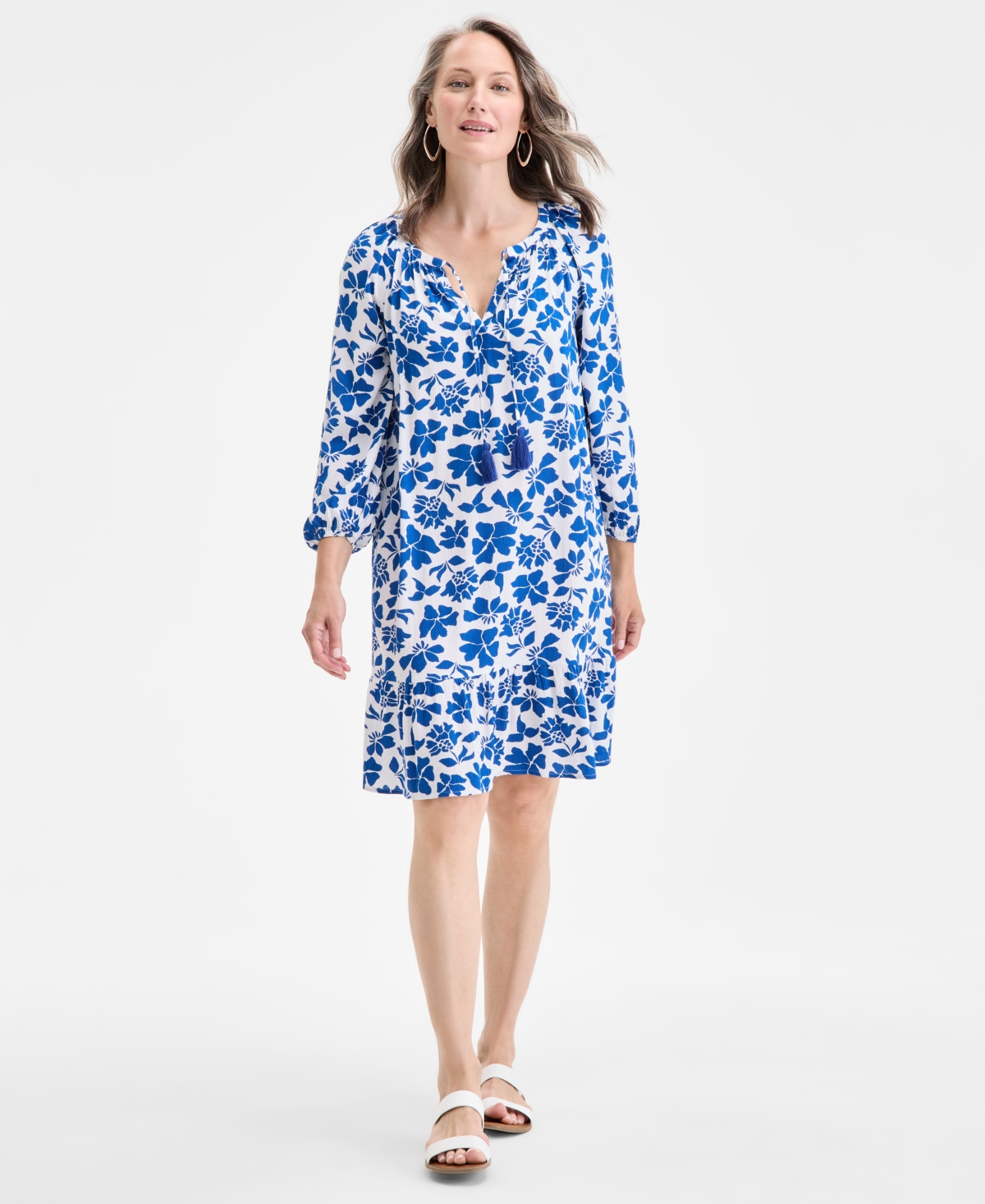 Women's Printed Split-Neck 3/4 Sleeve Shift Dress, Exclusively at Macy's - Porcelain Blue