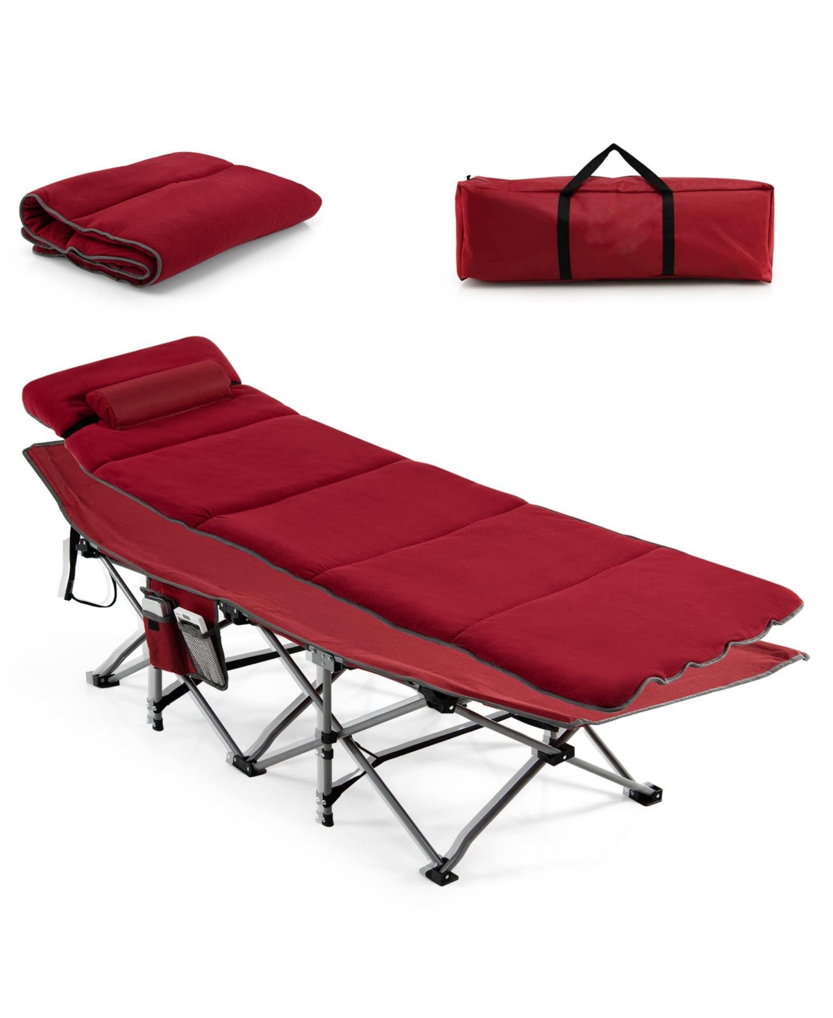 Folding Retractable Travel Camping Cot with Mattress and Carry Bag - Red