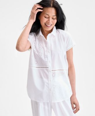 Style & Co - Women's Cotton Eyelet Button-Front Camp Shirt