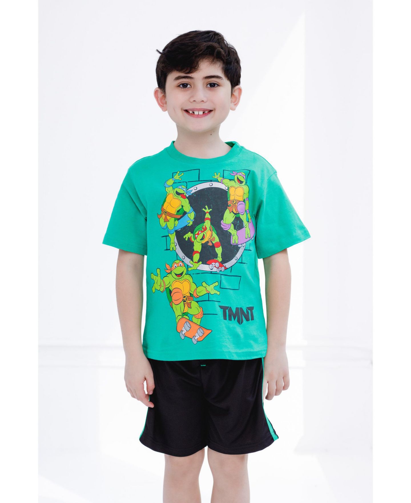 Комплекты Teenage Mutant Ninja Turtles Donatello Leonardo Michelangelo Raphael T-Shirt and Shorts Outfit Set Toddler to для мальчиков, цвет: Зелёный / Серый — фото 2