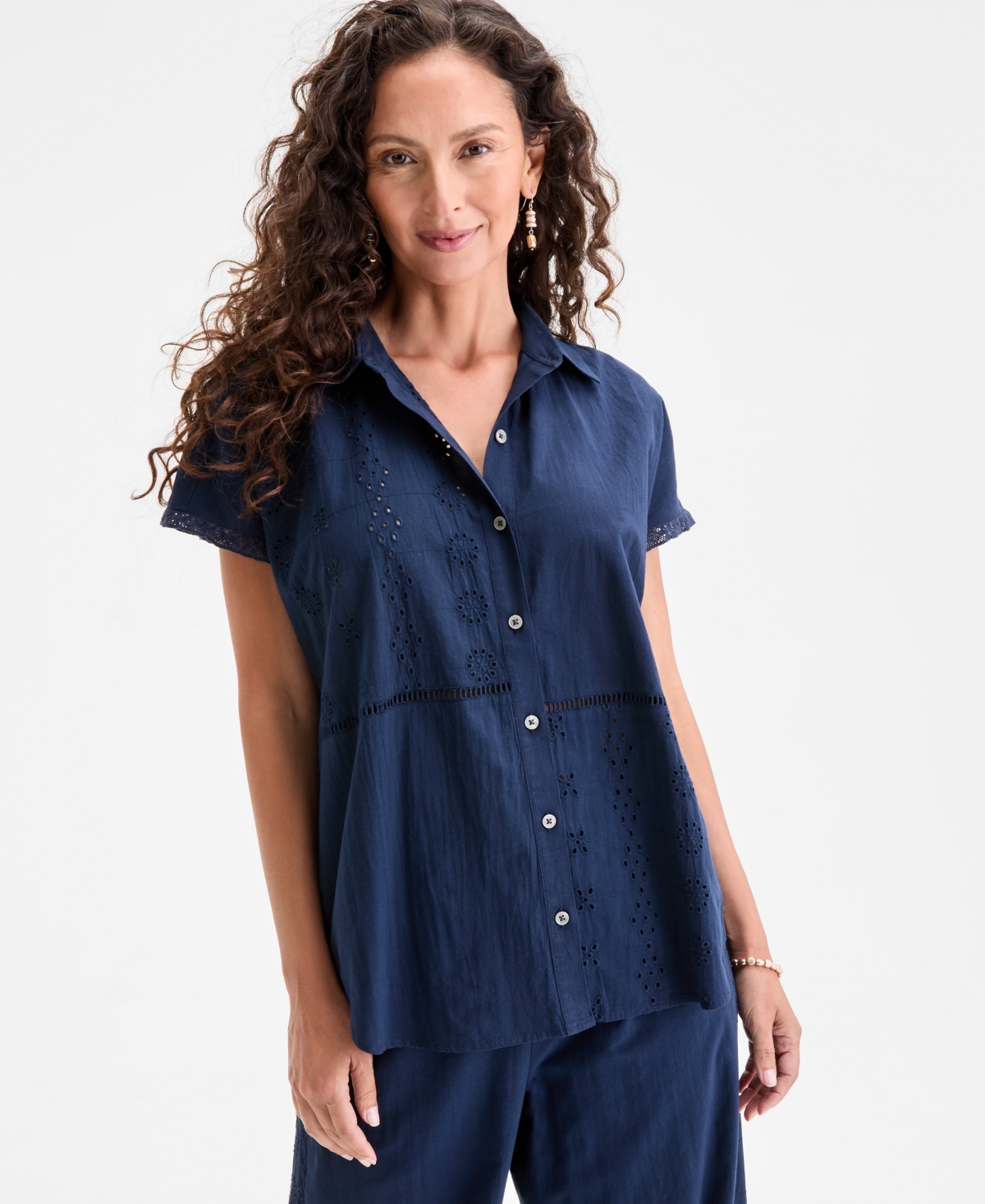 Women's Cotton Eyelet Button-Front Camp Shirt, Exclusively at Macy's - Industrial Blue